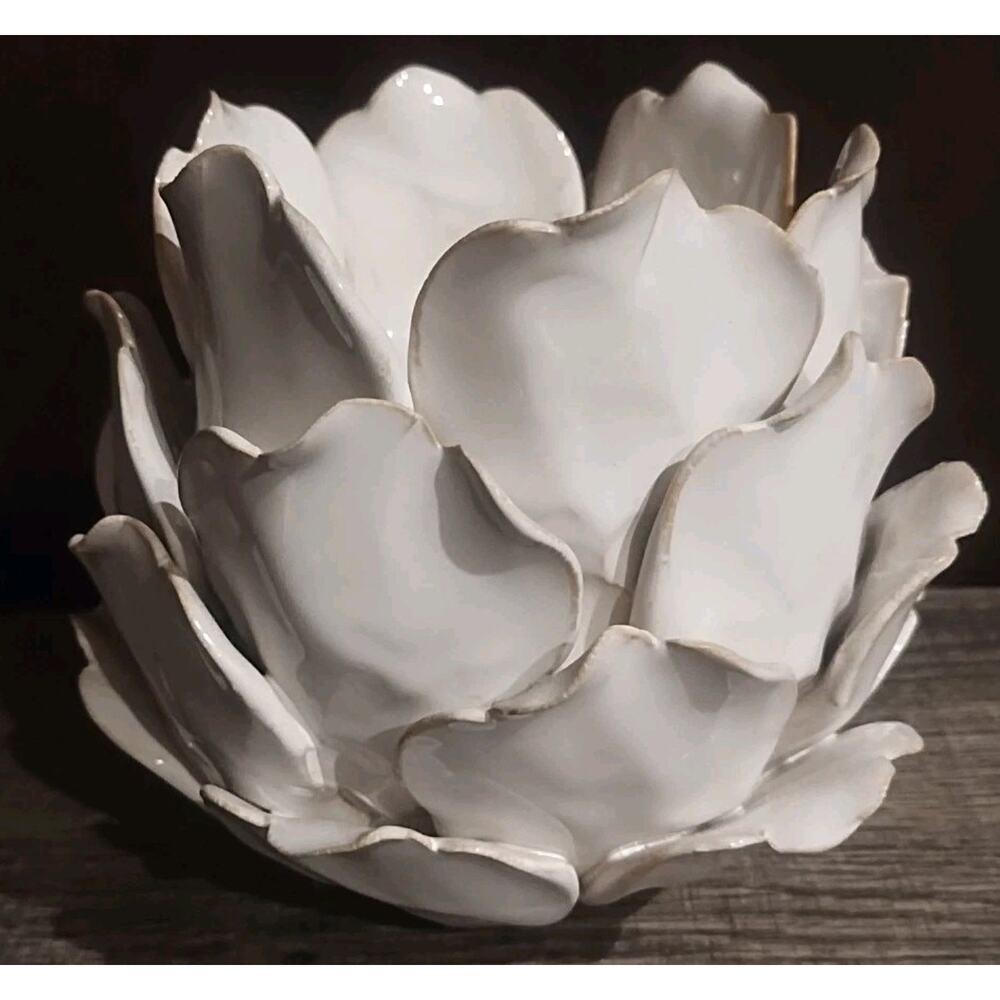 Arhaus Dahlia Pillar Candle Holder 6 x 6 Heavy Pottery neutral white beige